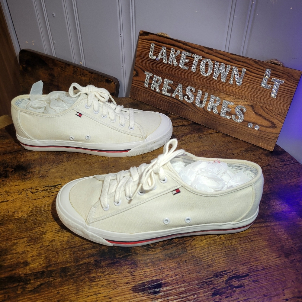 Vintage Tommy Hilfiger White canvas Sneakers women 8.5 - Picture 3 of 11